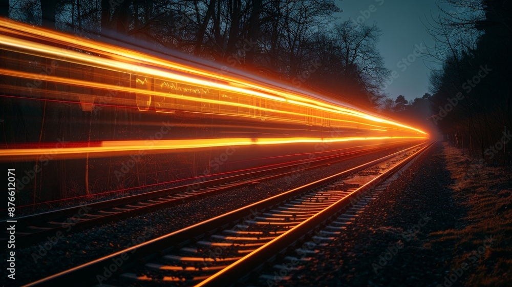 Fototapeta premium Illuminated Orange Train Speeding Through Darkness at Night - Transportation and Motion Concept.