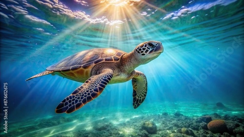 Sea Turtle underwater in an ocean scene backdrop, scene, Turtle © Sanook