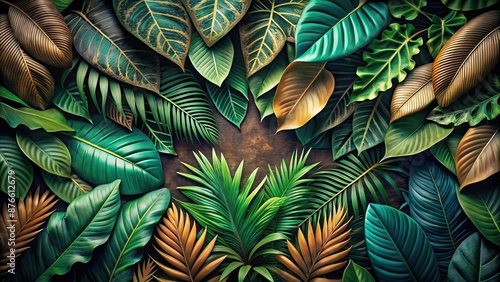 Discover the beauty of jungle foliage a vibrant collection of green and brown leaves Pure nature s art, leaves, brown, beauty, jungle, Discover, green, nature, Pure photo