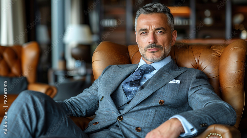 Portrait of an arrogant businessman wearing an expensive suit and sitting on a leather armchair and smiling Portrait of an arrogant businessman wearing an expensive suit and sitting on a leather armchair and smiling