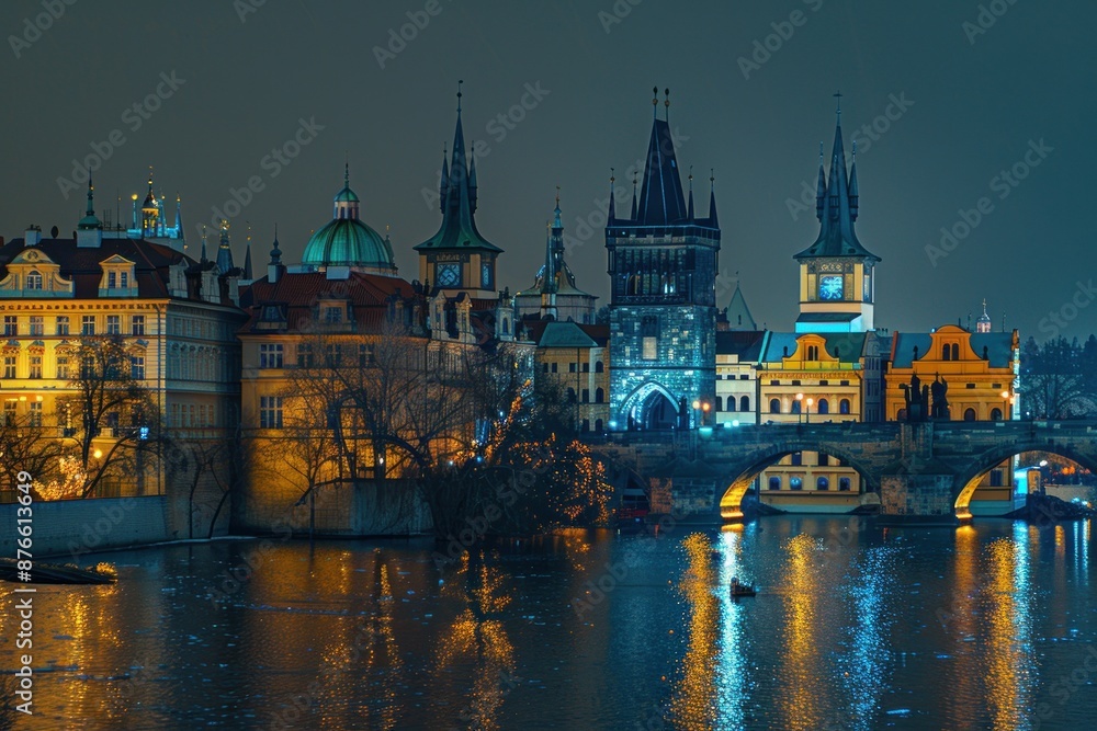 Fototapeta premium Illuminated Prague Bridge at Night