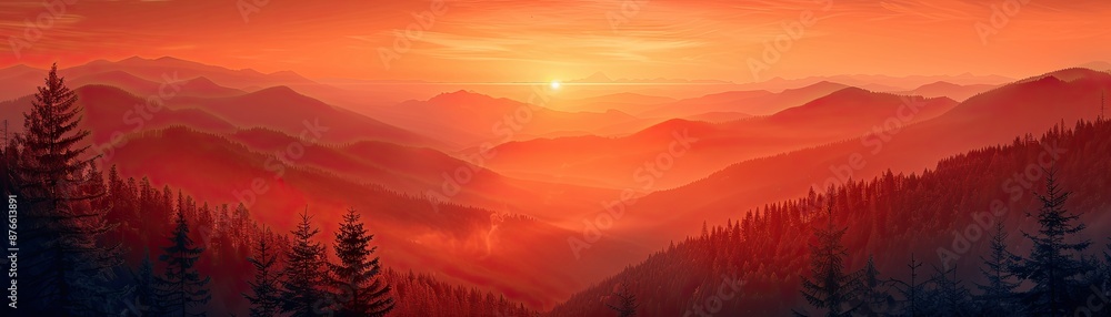 Obraz premium Breathtaking sunset over a mountain range with a vibrant orange sky and layered silhouettes of trees and hills.