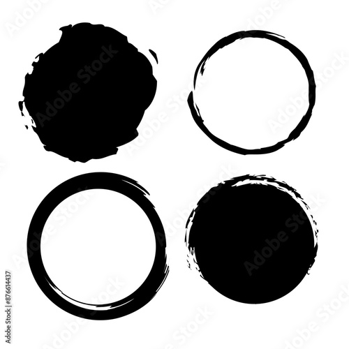 Brushstroke circle icons. Hand drawn style. Black and white. Vector set.