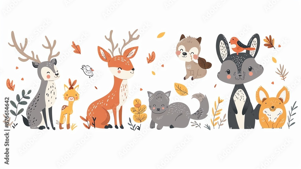 Fototapeta premium animal vector flat design side view woodland animals theme animation colored pastel