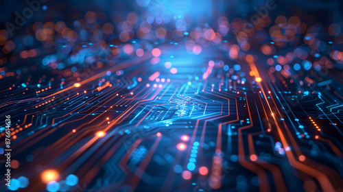 A high-tech digital background with a glowing circuit board pattern and flowing light trails on a dark blue background.