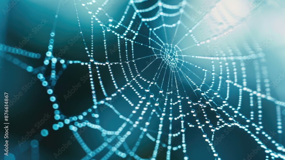 Fototapeta premium Spider web covered in small water droplets, glowing with light