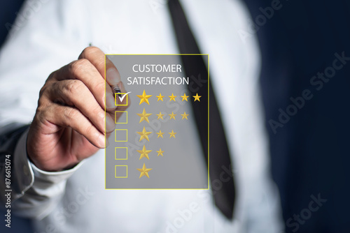 5 star rating concept. Businessman writing or tick correct mark to testimonial and review for feedback and review good rating on website online. good experience and customer feedback concept