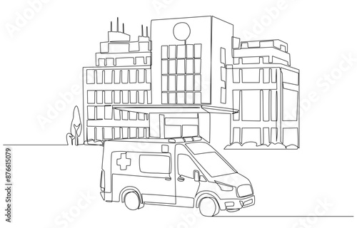 Continuous one line drawing of ambulance in front of hospital building, emergency medical service concept, single line art.
