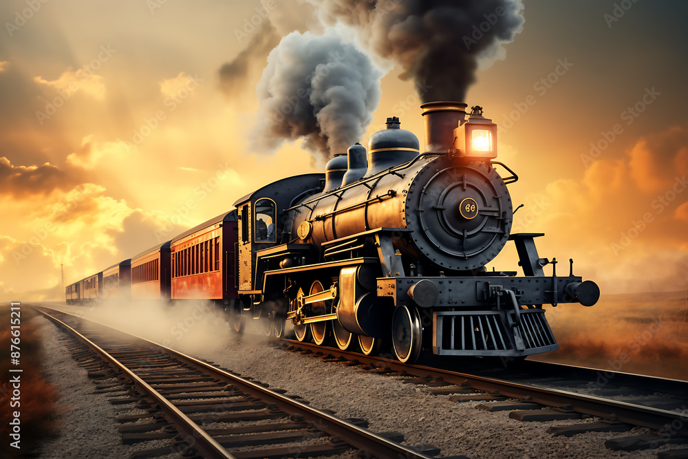 Steam locomotive with smoke in the sky. 3D illustration. Steam locomotive with smoke in the sky. 3D illustration.
