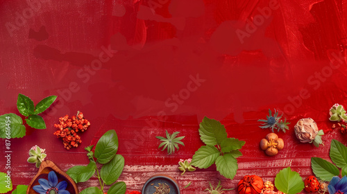 eady to print e book cover with red velvet background, and on the edges put a lot of toprical colorful flowers, herbs photo