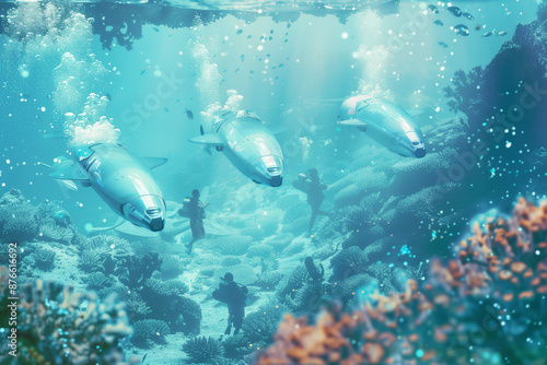 Scuba diver and submarine exploring underwater with marine life and colorful coral in the mystery deep blue sea. Marine Life concept. © Warunporn