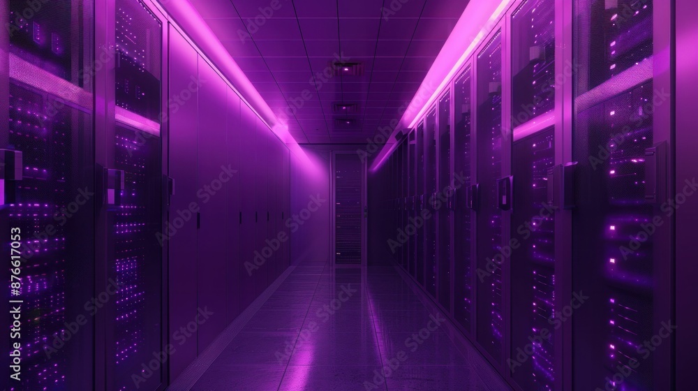 Illuminated purple lights illuminate data center hallway with rows of servers, technology and innovation in a hightech setting Illuminated purple lights illuminate data center hallway with rows of servers, technology and innovation in a hightech setting