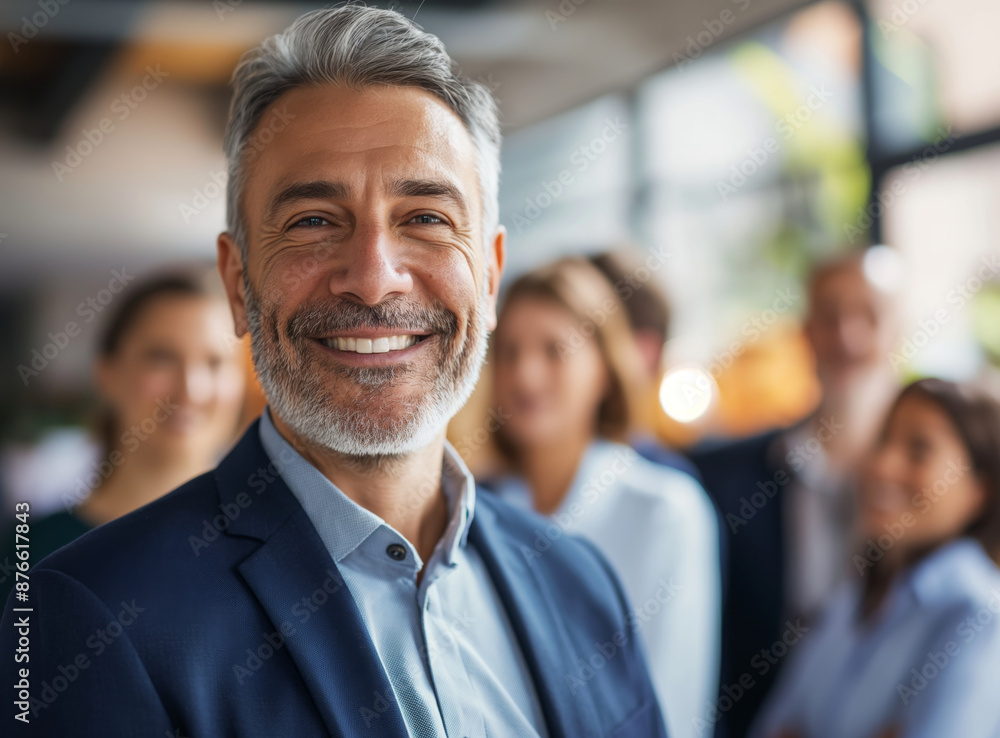 A mature businessman in an office with some colleagues blurred in the background