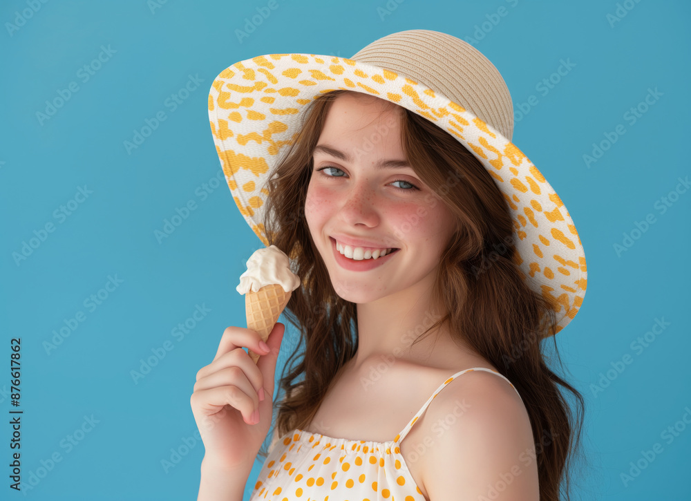Young woman eating ice cream in summer hat isolated on blue