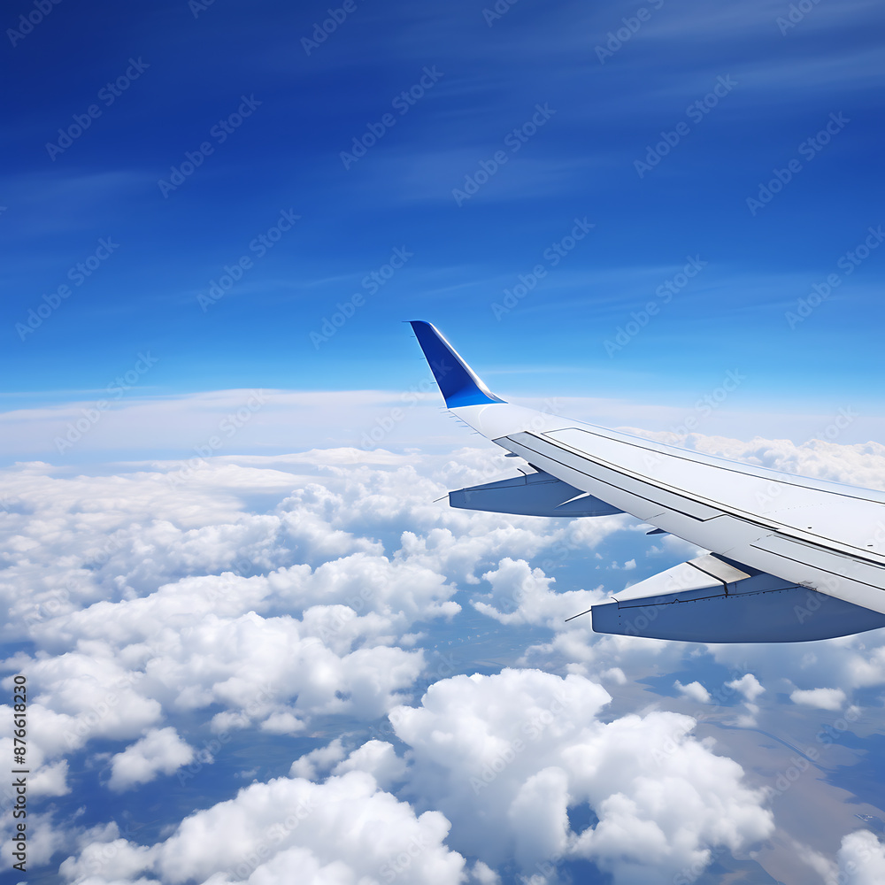 Airplane wing on blue sky background. 3d render illustration. Airplane wing on blue sky background. 3d render illustration.