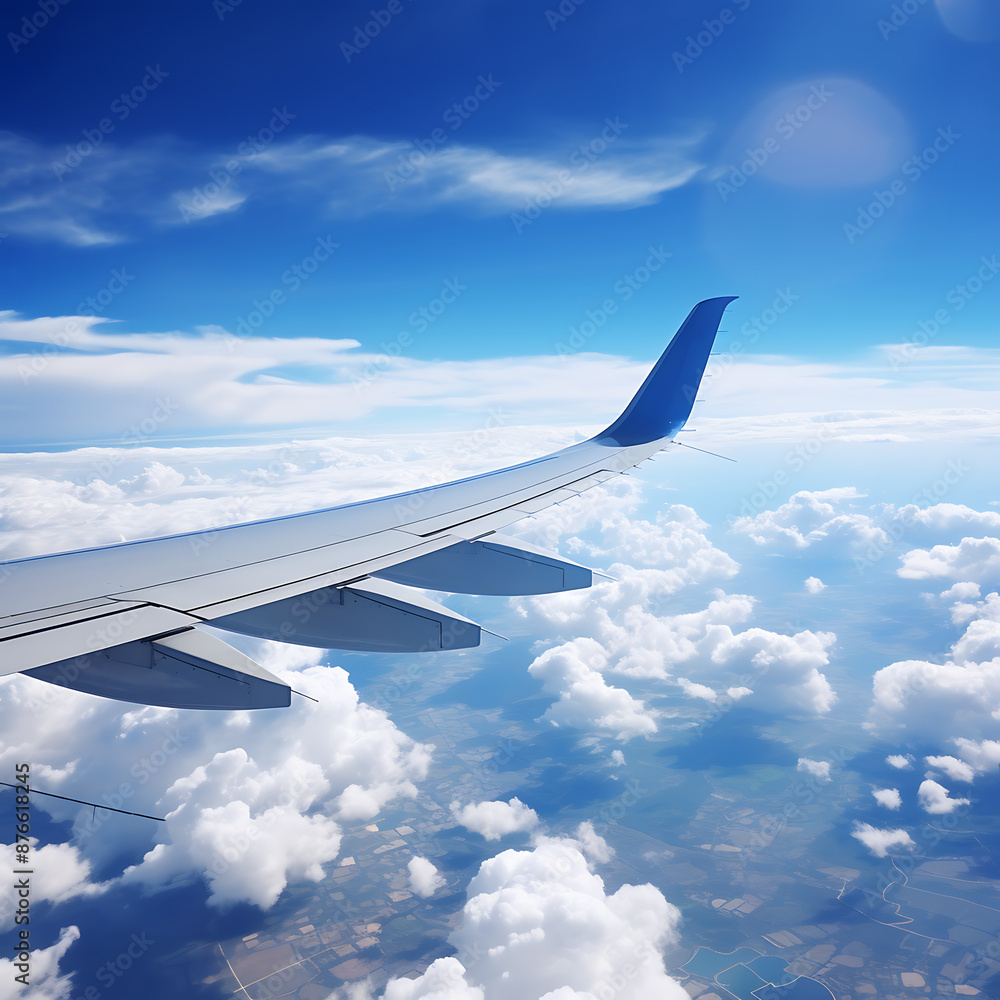 Airplane wing on blue sky background. 3d render illustration. Airplane wing on blue sky background. 3d render illustration.