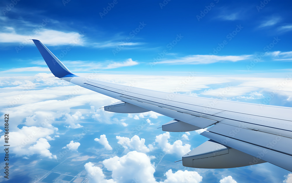 Airplane wing on blue sky background. 3d render illustration. Airplane wing on blue sky background. 3d render illustration.