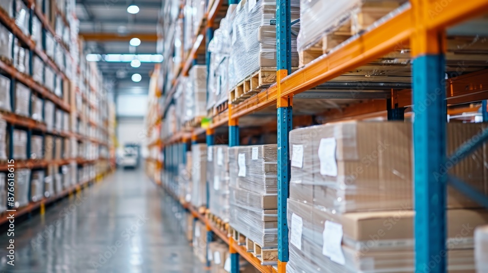 Fototapeta premium Modern warehouse facility with neatly organized shelves, showcasing efficient storage and inventory management, a bustling stockroom environment