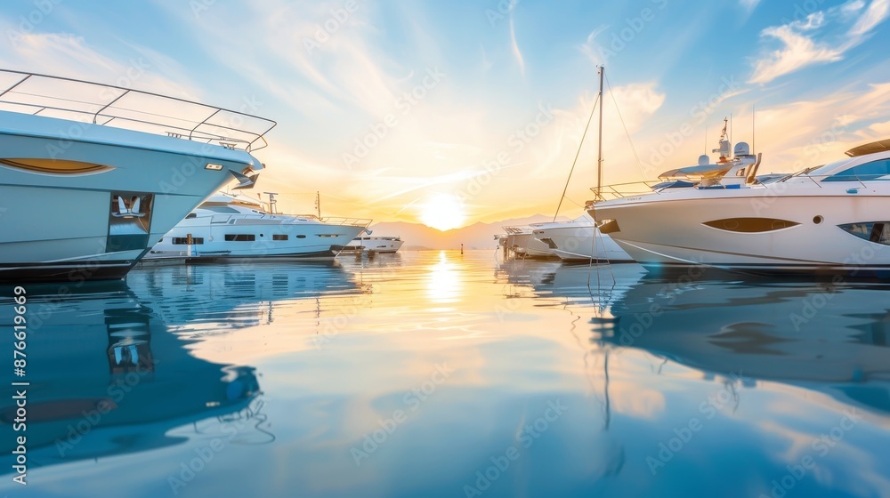 Fototapeta premium Scenic marina with a chain of boats and yachts, demonstrating coordinated functions and luxury amenities, a hub of nautical activities