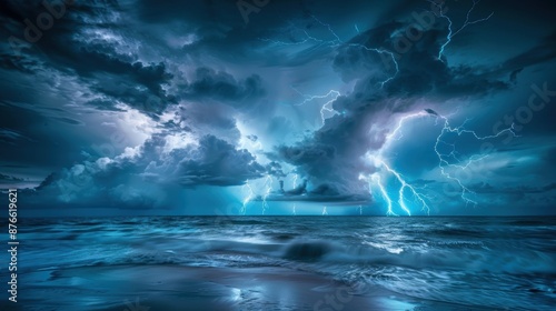 Multiple lightning bolts illuminating a dark stormy sky over the ocean, powerful storm, maritime scene