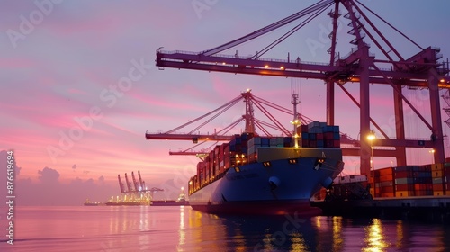 Seaport at dawn, cargo ships unloading containers, efficient delivery and distribution network, modern infrastructure in the background