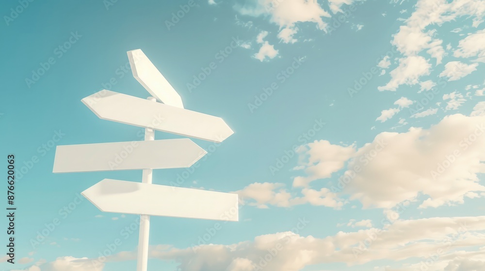3D Blank White Directional Arrow Road Signs Against Blue Sky Background 3D Blank White Directional Arrow Road Signs Against Blue Sky Background
