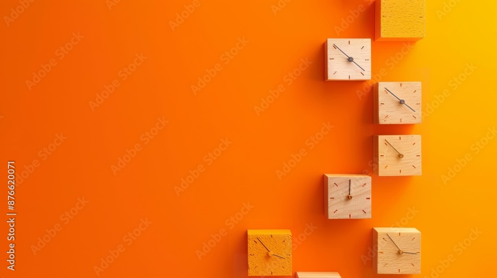 Wooden blocks with a timeline and milestones on an orange background, representing project management and planning. Flat lay. High quality, no realistic photo details Wooden blocks with a timeline and milestones on an orange background, representing project management and planning. Flat lay. High quality, no realistic photo details