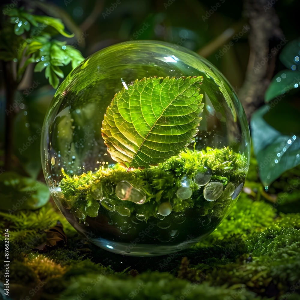 Mesmerizing Leaf Encased in Illuminated Glass Orb with Verdant Moss and Water Droplets Mesmerizing Leaf Encased in Illuminated Glass Orb with Verdant Moss and Water Droplets