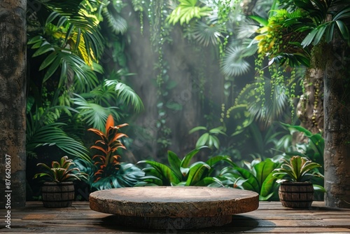 Jungle Display: Green Product Pedestal on Wood Platform with Tropical Foliage Background for Cosmetic or Garden Presentation © Tuong