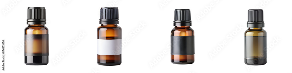 Product essential oil in a black bottle with a clear label isolated on transparent background PNG file Product essential oil in a black bottle with a clear label isolated on transparent background PNG file