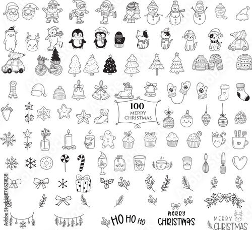 Cute Christmas element cartoon bundle outline,hand drawn, for Christmas ,kids,baby animal characters, card.vector illustration	
