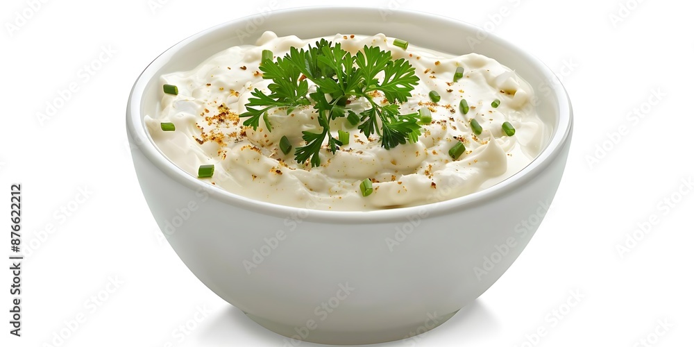 Closeup of a White Bowl Filled with Creamy Dip Decorated with Parsley and Green Onions, a Food Photography Image Closeup of a White Bowl Filled with Creamy Dip Decorated with Parsley and Green Onions, a Food Photography Image