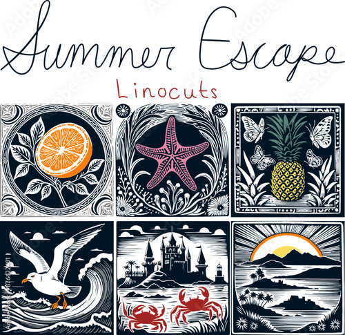 Summer Themed Linocut Tiles Beach Vibes
