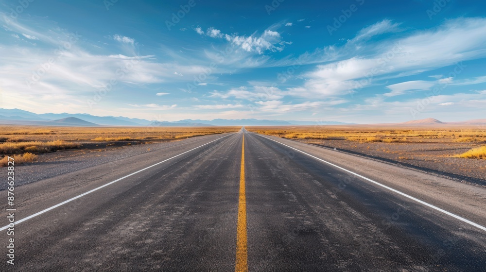 Open highway with blue skies, horizon in the distance, symbolizing adventure and the journey ahead Open highway with blue skies, horizon in the distance, symbolizing adventure and the journey ahead