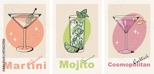 Set of posters with cocktails in retro style. Alcoholic drinks in glasses. Martini, Mojito and Cosmopolitan. Minimalistic modern vertical print. Flat illustration
