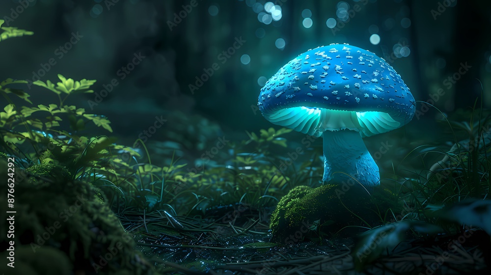Fototapeta premium Glowing blue mushrooms in the forest