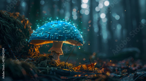 Glowing blue mushrooms in the forest photo