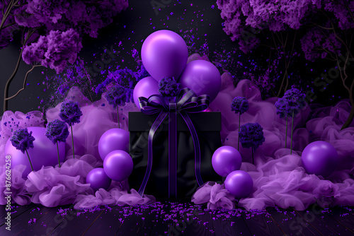 A black box with purple balloons and flowers surrounding it. Scene is festive and celebratory