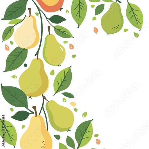 Green pears hanging from tree branch with leaves on white background