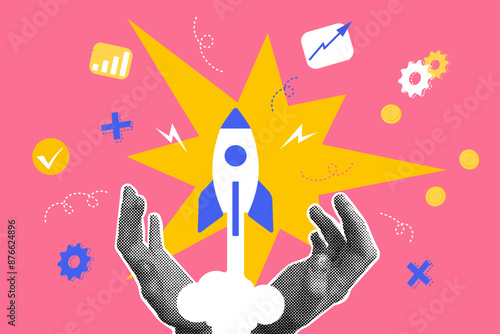 Fashionable halftones collage. Startup business concept,fast business startup. Trendy modern retro illustration in bright trendy colors. Strategic planning concept and business success. Vector