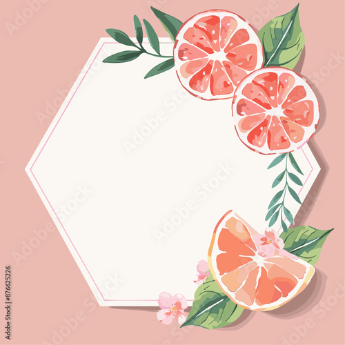 Pink Grapefruit Frame with Leaves and Flowers