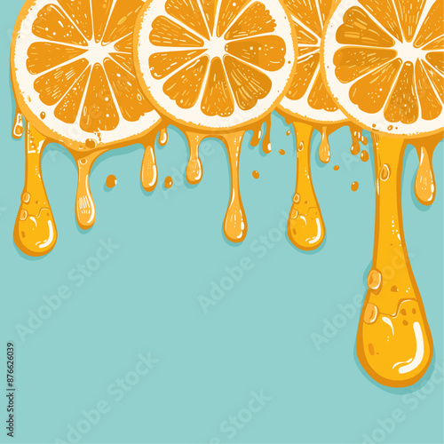 Fresh orange slices with dripping juice, vibrant and colorful illustration.
