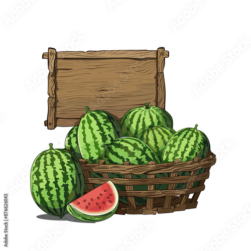 Watermelon basket with wooden sign, fresh summer fruit