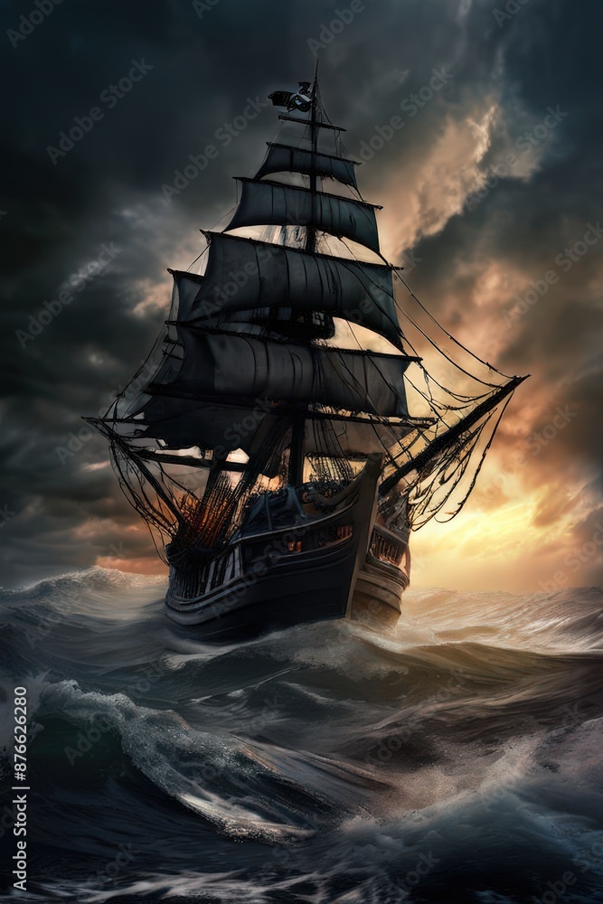 Fototapeta premium the ai generated image, ships at sea in rainstorm