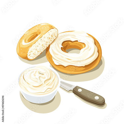 Cream cheese bagel with knife and bowl of cream cheese