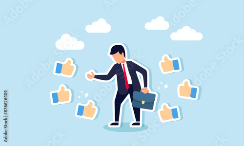 Appreciate or acknowledge coworkers, respect and honor great people, show admiration and gratitude, concept of A businessman respected by colleagues receives thumbs up for his help and success