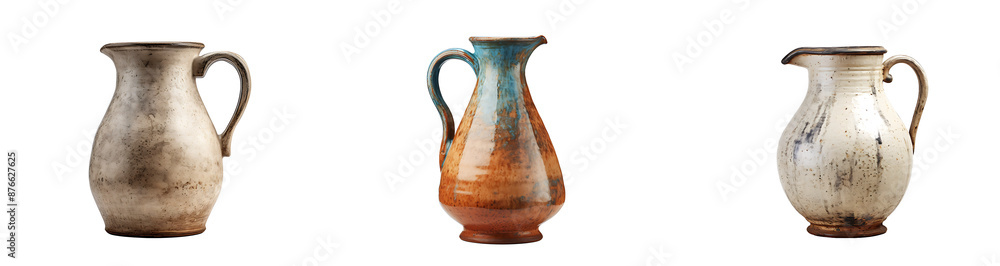 Set of Antique ceramic clay jugs for drinking wine, water or milk, isolated on transparent background Set of Antique ceramic clay jugs for drinking wine, water or milk, isolated on transparent background