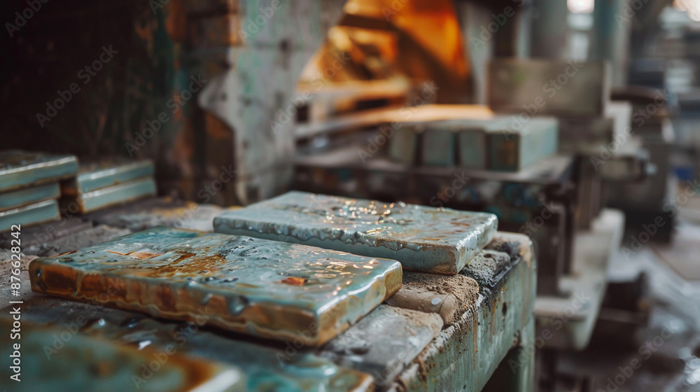 Title: Close-up of ceramic tiles being glazed and fired..ceramic Title: Close-up of ceramic tiles being glazed and fired..ceramic