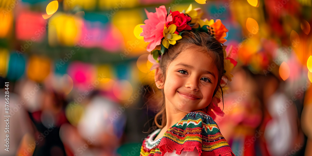 Tender little girl smiling at the camera with her embroidered Mexican costume, in patriotic celebration, Independence Day, or May 5 Tender little girl smiling at the camera with her embroidered Mexican costume, in patriotic celebration, Independence Day, or May 5