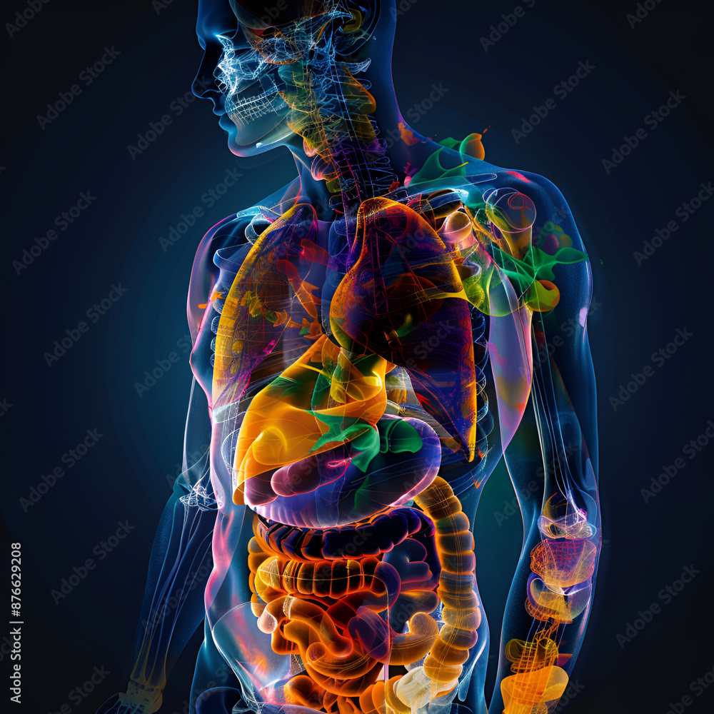 Create a 3D X-ray style illustration showcasing the absorption and ...